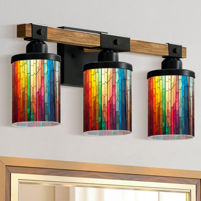 3-Light Bathroom Light Fixtures Colorful Stained Glass Window Abstract Stained Glass Art Nouveau Farmhouse Wood Vanity Lights Over Mirror Wall Lamp with Glass Shade Wall Sconces for Living Room