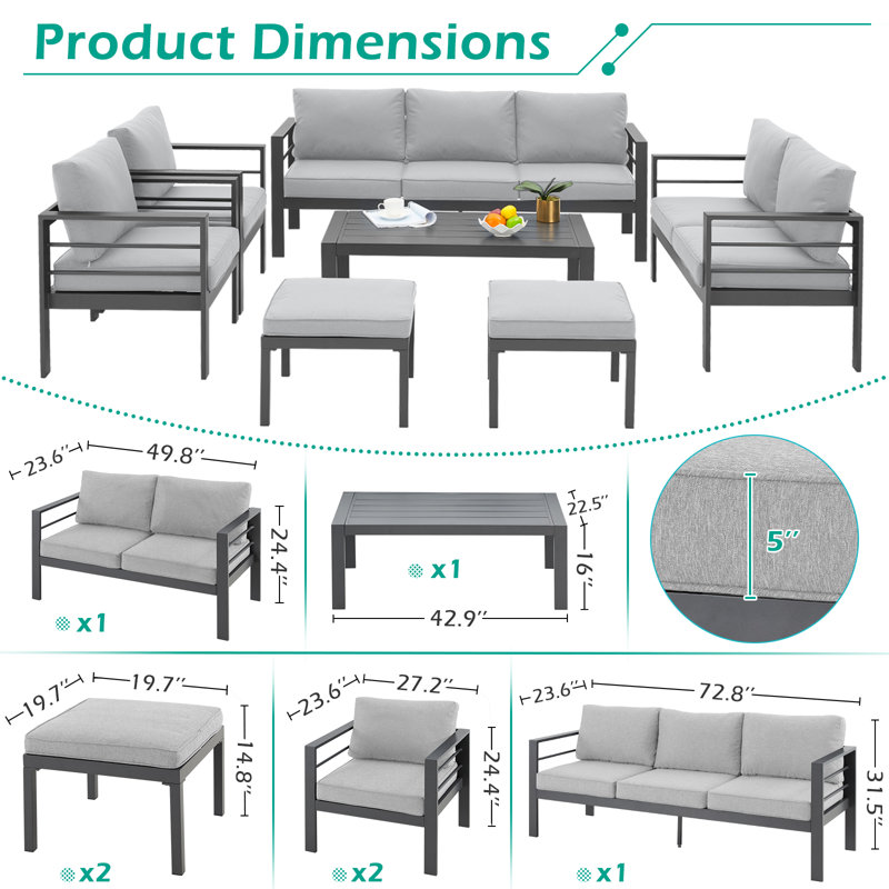 Ensemble de conversation d'extérieur 9 personnes avec coussins Raenelle, Gris
