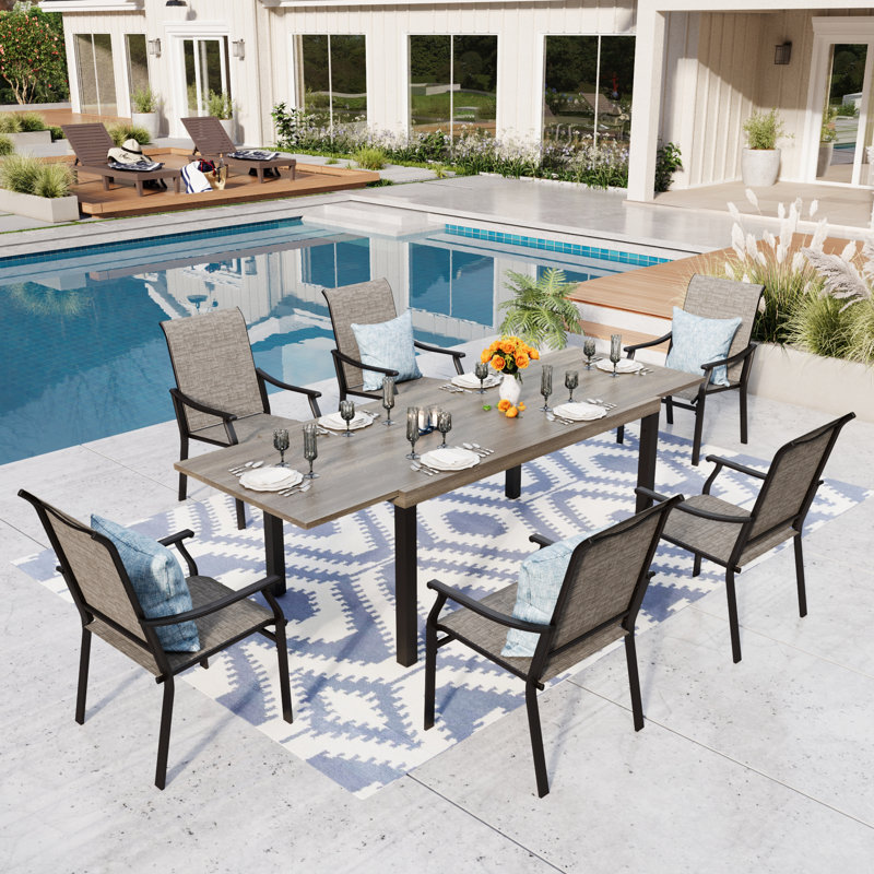 7pcs Rectangle Outdoor Patio Dining Set -look Expandable Heavy Duty Metal Table With Sling Chairs