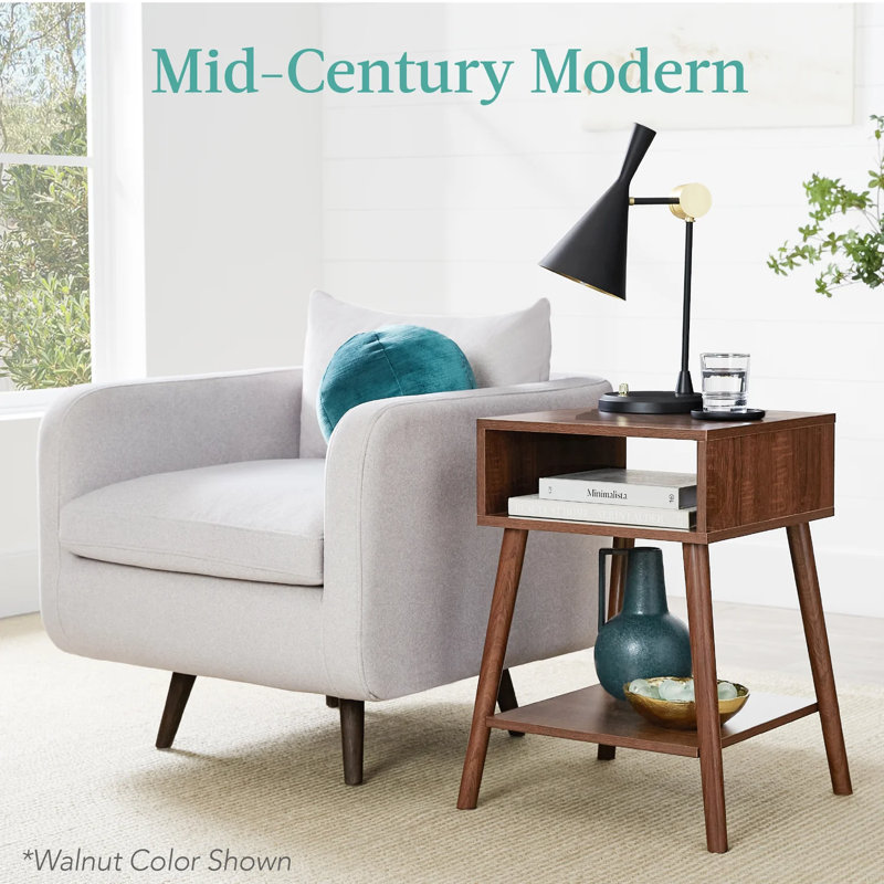 Gray Oak Mid-Century Modern End Tables with Cubby Storage