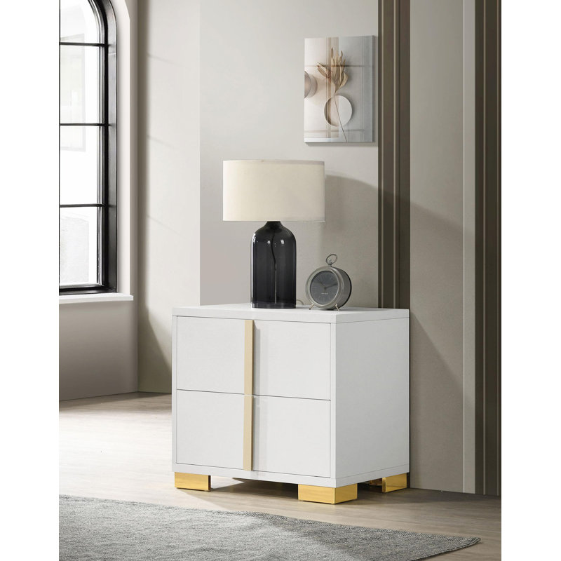 Table de chevet 2 tiroirs Lelio, Blanc, Beige