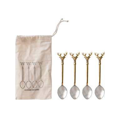Stainless Steel and Brass Spoons with Reindeer Handles in Printed Drawstring Bag