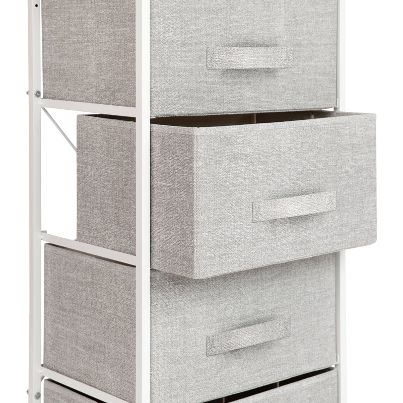 Commode de rangement verticale à 4 tiroirs avec plateau en bois et tiroirs en tissu Colne, Blanc / gris clair