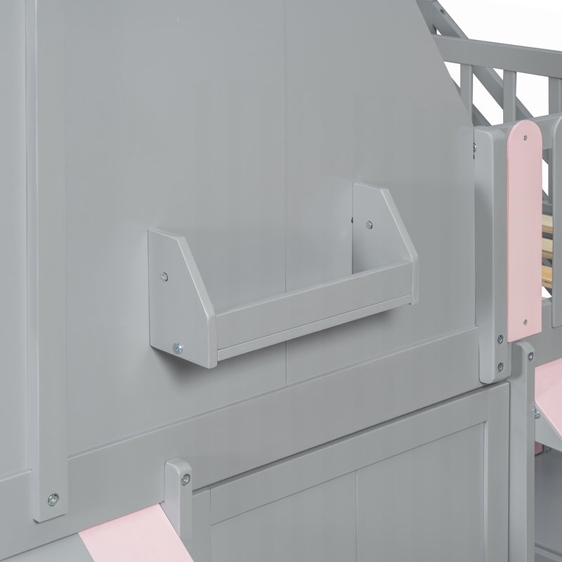 Lit de maison avec escalier de rangement, tablettes et conception de maisonnette, Pink+Grey