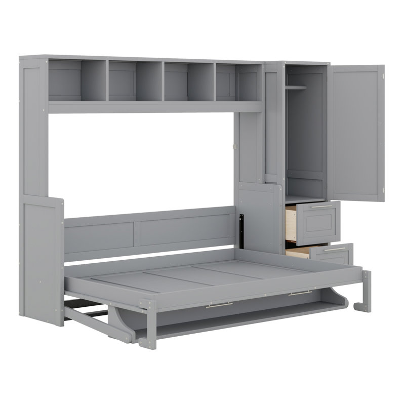 Lit escamotable Murphy avec placard et tiroirs, Gris, Lit double