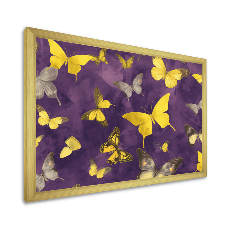 Papillon jaune et mauve, Cadre doré à une seule photo, H 30 po x l 40 po x P 1,5 po