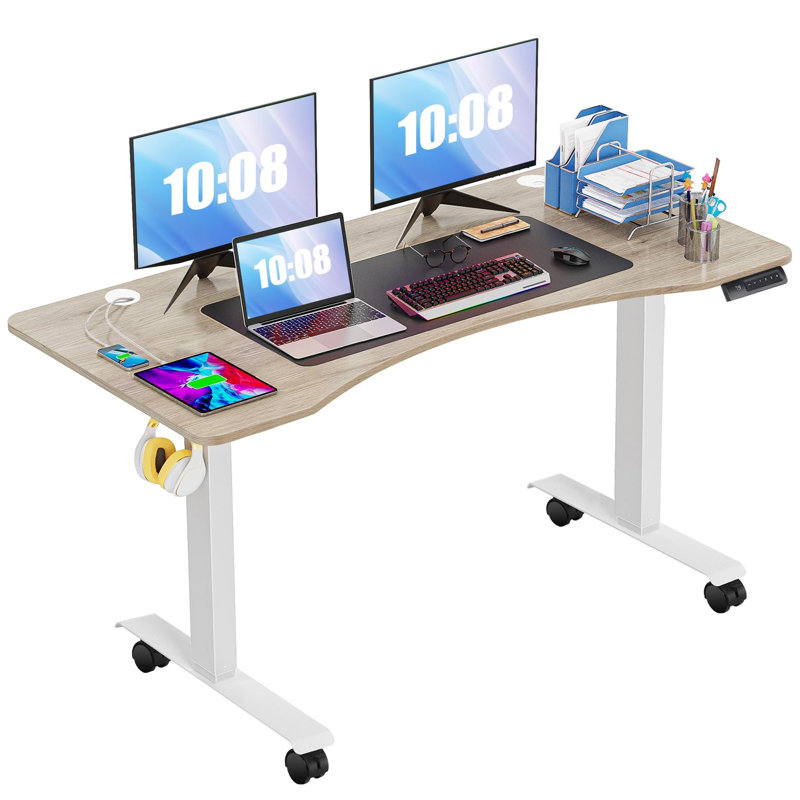 Maudine 63" Electric Height Adjustable Standing Desk With Curved Desktop And 4 Casters, 2 Hooks, Big Mouse Pad, Gray/White