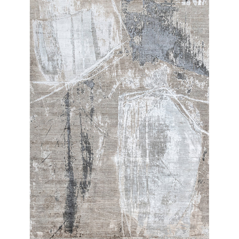 High-Quality Hand-Knotted Beige And Grey Area Rug, Rectangle 5' x 8'