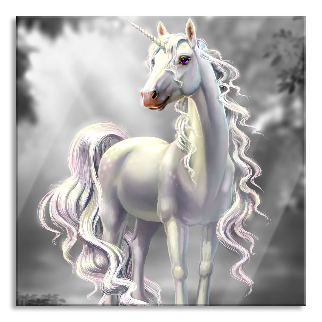 Ungerahmter Grafikkunst auf Glas "Pink-Eyed Unicorn in a Fairytale Forest"