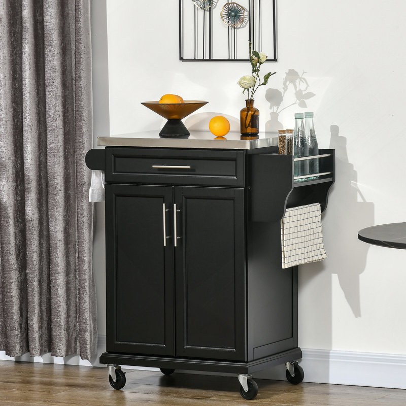 Kitchen Island On Wheels, Rolling Kitchen Cart With Stainless Steel Countertop, Drawer, Towel Rack And Spice Rack, Utility Storage Trolley