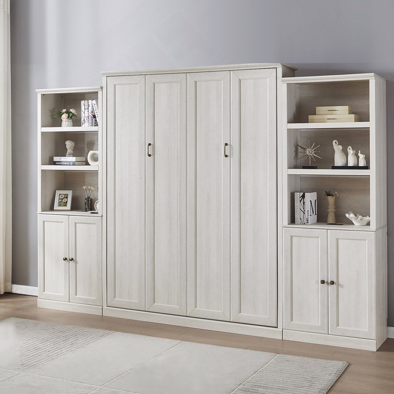 Lit escamotable avec bureau Kailer, Grand, 1 Bed, 1 Side Cabinet Storage Shelf, Blanc rustique