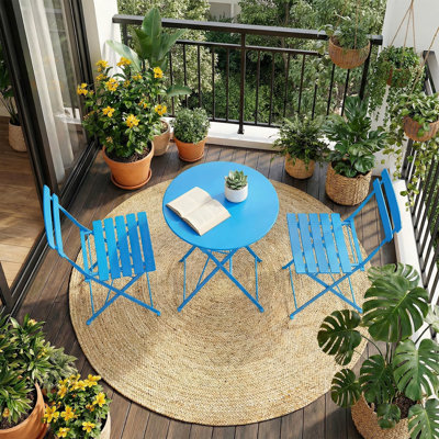 Outdoor Folding Bistro Set 3-Piece, Metal Patio Table and Chairs Set for Balcony, Backyard & Garden, No Assembly Required | Blue