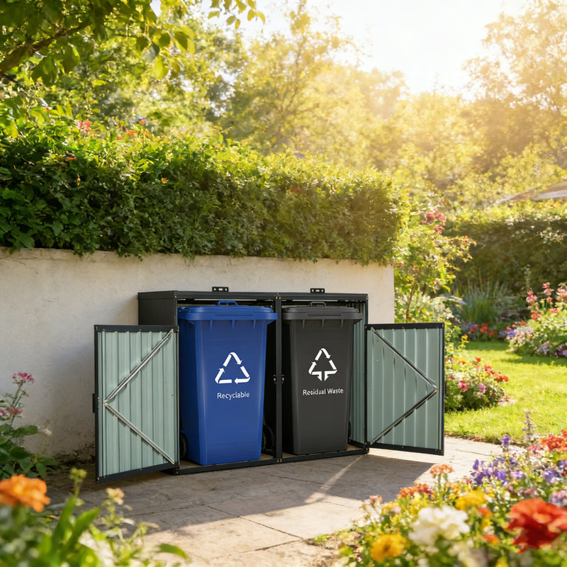 La poubelle en métal pour l'extérieur peut contenir deux poubelles avec ventilation, portes verrouillables et fabrication en acier galvanisé résistant à la rouille.