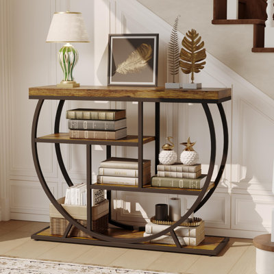 Industrial Console Table with 4-Tier Storage, 39 Inch Narrow Hallway Table with Circle Frame for Entryway, Behind Sofa, Apartment & Living Room