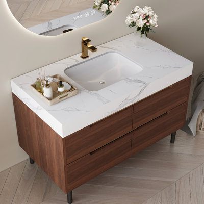 Meuble-lavabo de 35,4 po de style américain traditionnel, comptoir en pierre frittée, lavabo en céramique encastré, bois massif multicouche imperméable, quatre tiroirs de rangement à fermeture en douceur, pieds élégants en fer