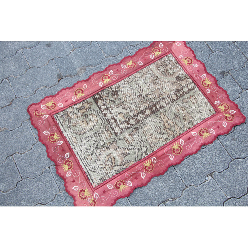 Tapis turc rétro Oushak - petit tapis en laine vert estompé, idéal pour les vestibules
