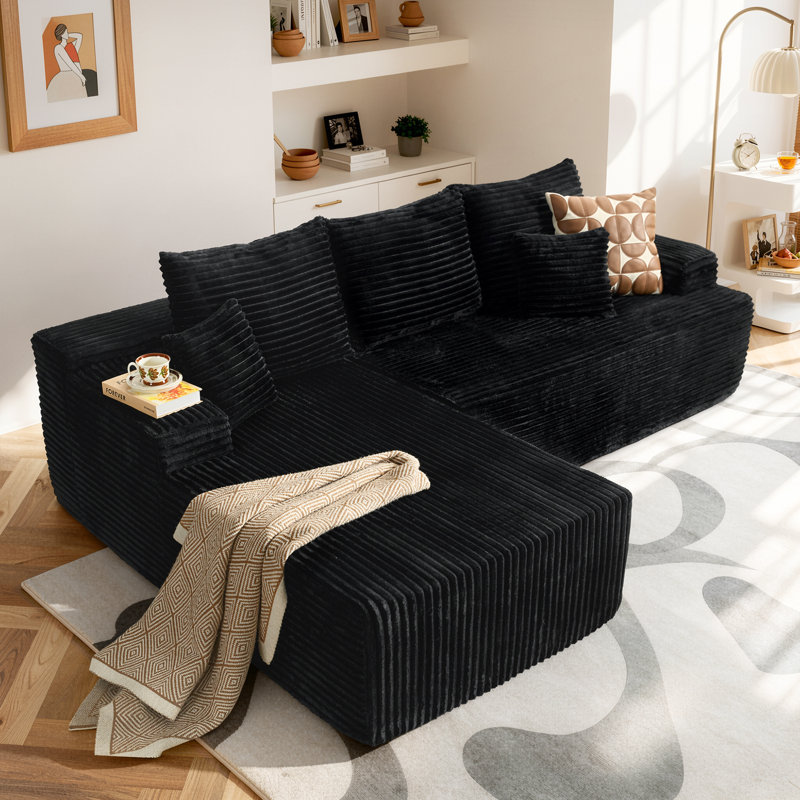 Navarrie No Assembly Required - 2 Piece Free Combination Compression Sectional, Black Faux Fur, Left Chaise Facing