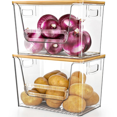 2 Set Pantry Organizers and Storage, Trash Bag Holder Under Sink Organizer for 4-13 Gal Bags, Trash Bag Dispenser with Bamboo Top for Onion, Potato, G