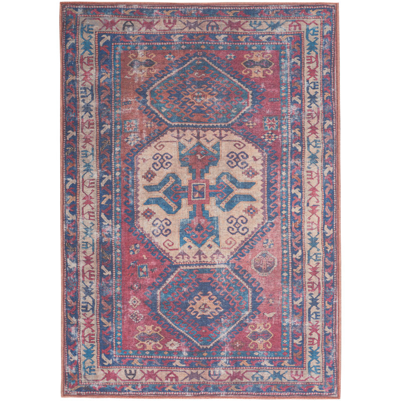 Machine Washable Southwestern Navy/Muted Red/Beige Area Rug, Rectangle 4' x 6'