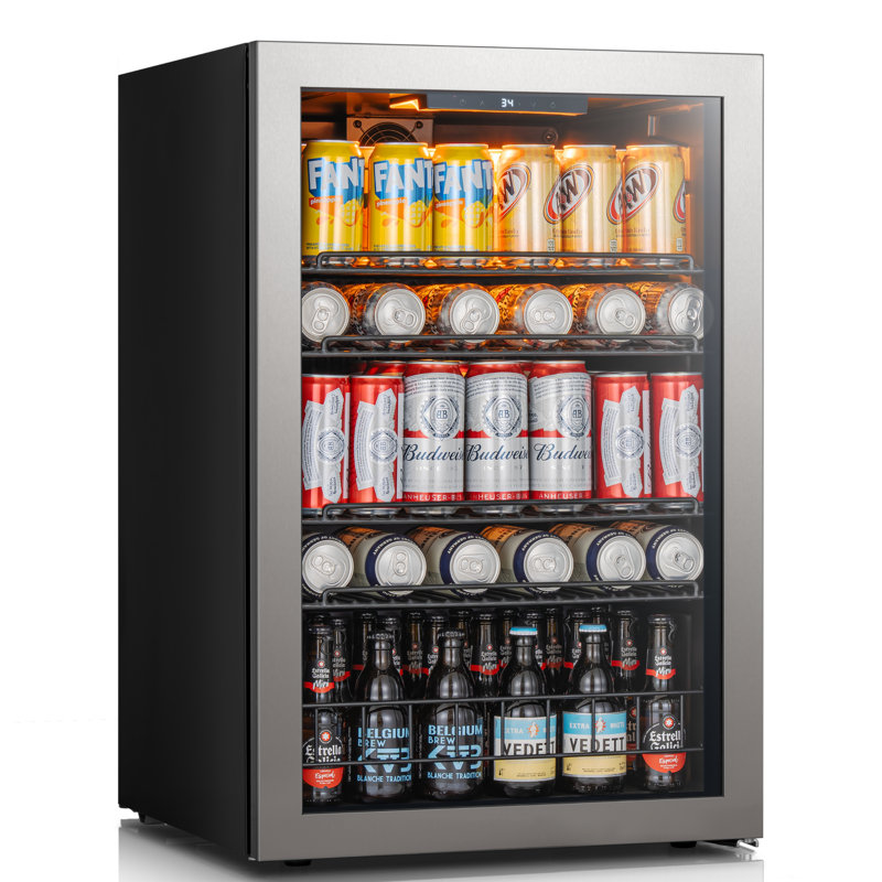 L 21,7 po, 4,59 pieds cubes Pi. Réfrigérateur autoportant pour 155 canettes avec porte en verre réversible et 4 tablettes réglables