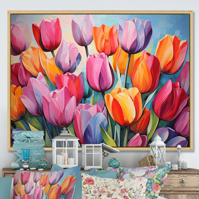 Collage de tulipes multicolores peintes II - tulipes, Cadre naturel flottant, H 34 po x l 44 po x P 1,5 po