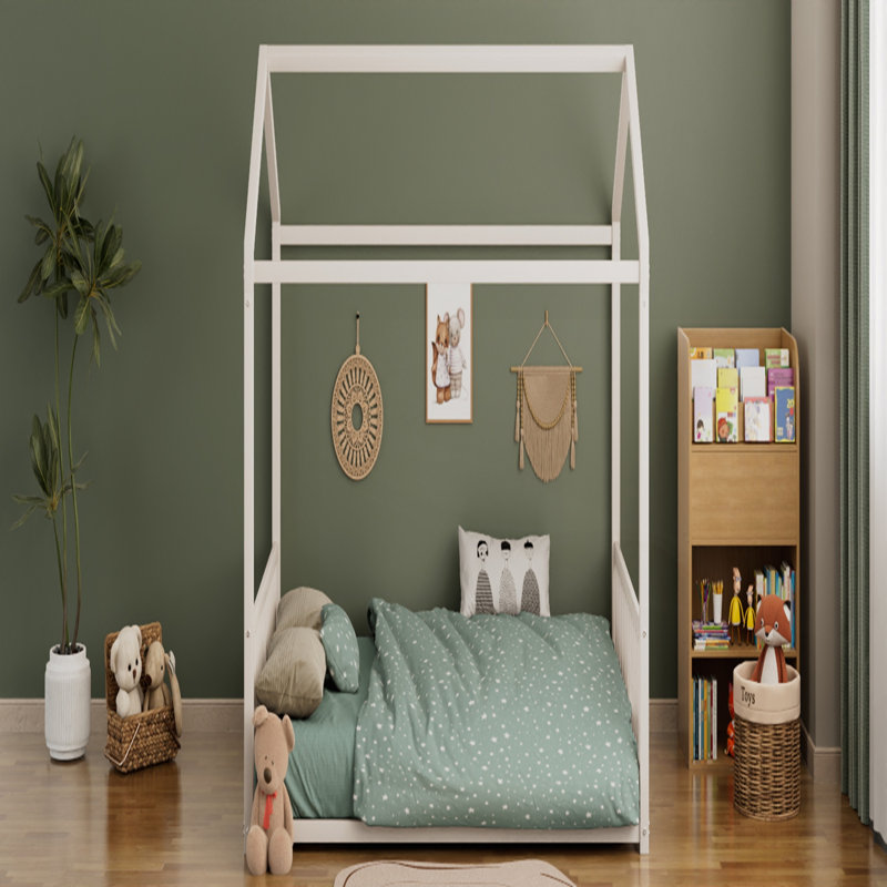 Structure de lit pleine grandeur en métal de style Montessori, forme de maison avec barrières de sécurité verticales pour enfants, assemblage facile, sans lattes, blanc