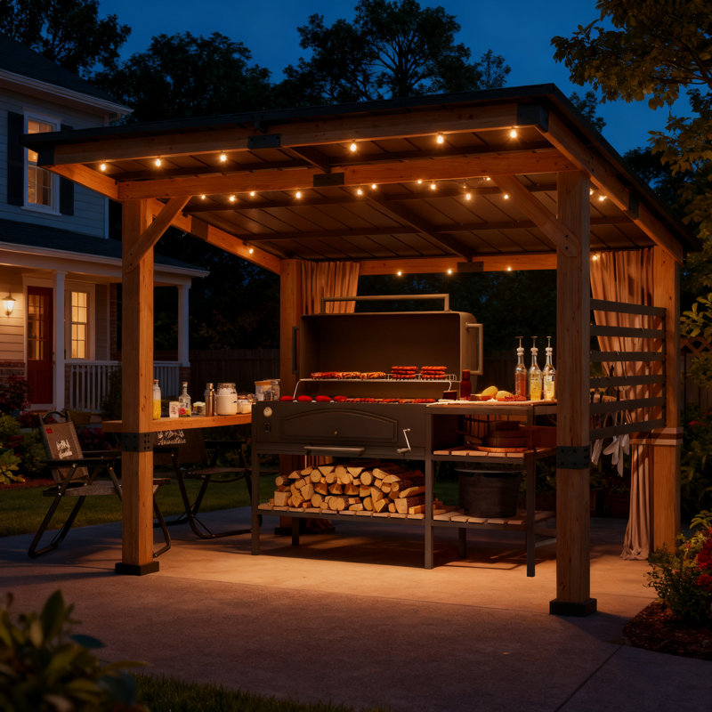 10x11 Ft Cedar Hardtop Wood Gazebo With Metal Steel Roof Panels - Permanent Outdoor Pavilion For Garden, Patio & Deck, Backyard & Lawn