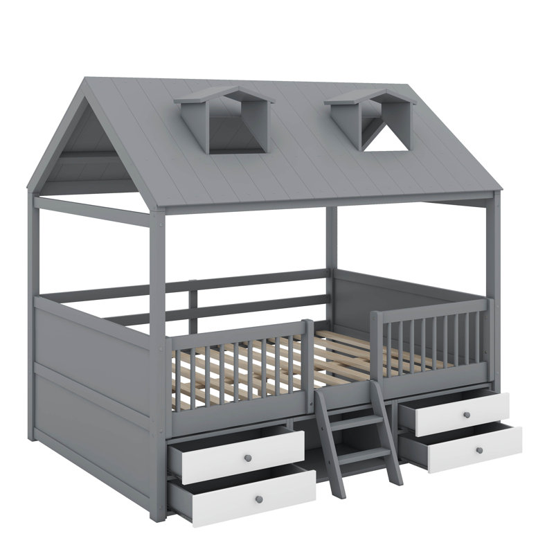 Lit double en bois, Gris, Lit double