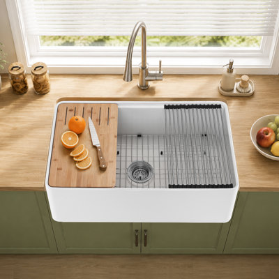 33'' W Farmhouse / Apron Single Bowl White Fireclay Kitchen Sink with Accessories