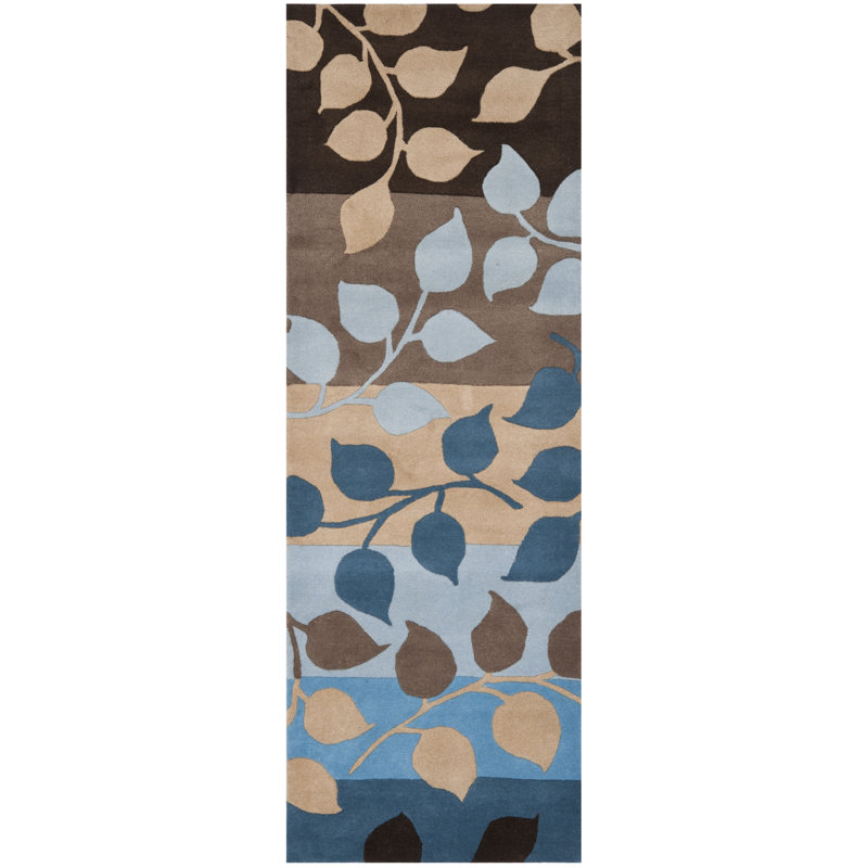 Tapis brun / bleu / beige touffeté à la main à motif floral Avayah, Tapis de couloir 2 pi 6 po x 8 pi