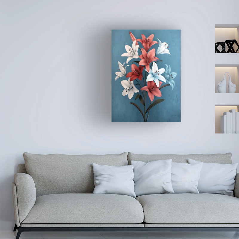 Œuvre sur toile, bolognaise, rose et bleu, lis Momard, H 24 po x l 32 po