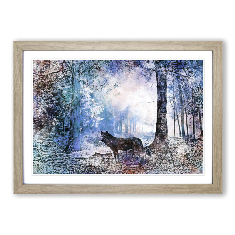 Wolf in a Magical Forest in Abstract - Picture Frame Painting Print, Oak, 35cm H x 50cm W x 2cm D
