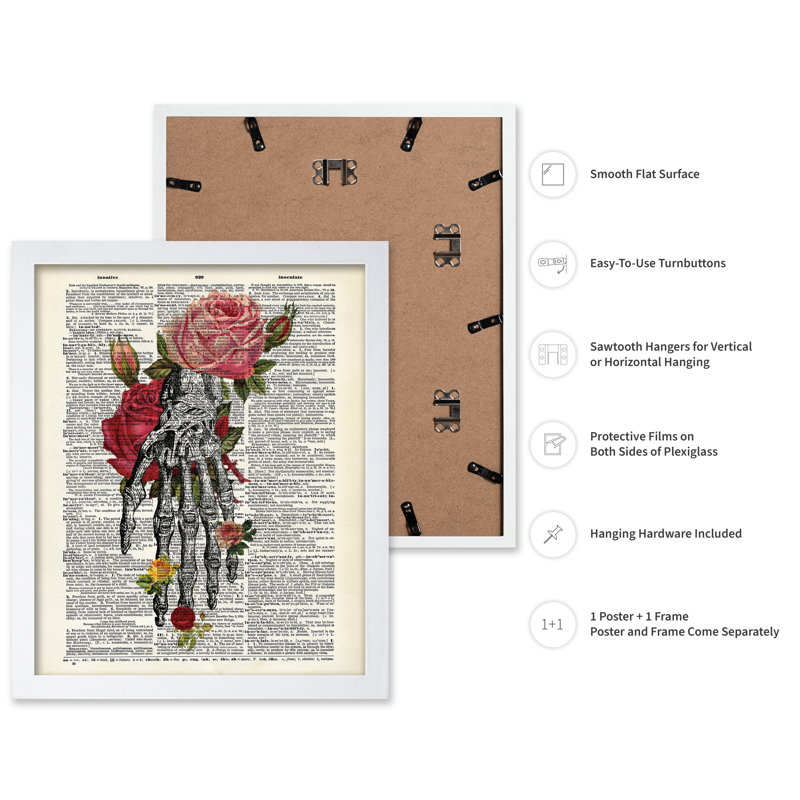 Fleurs et main de squelette, Poster, White Framed, 16"H x 20"W