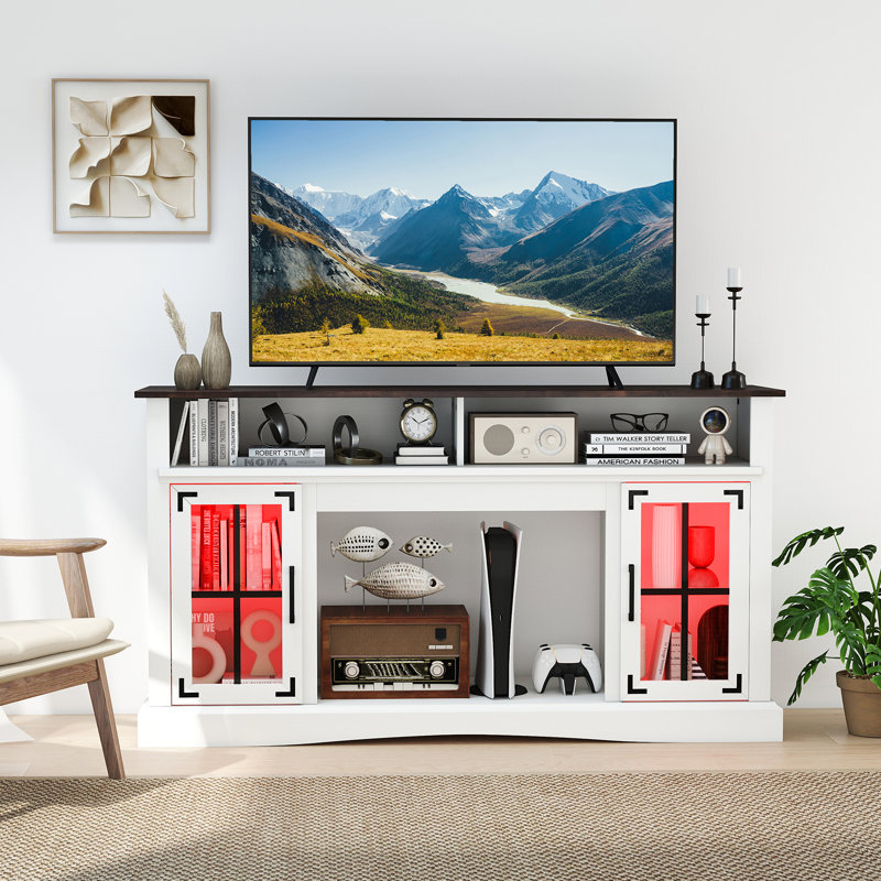 TV Stand w/LED Lights & Remote Control Storage Cabinets & Adjustable Shelves, White