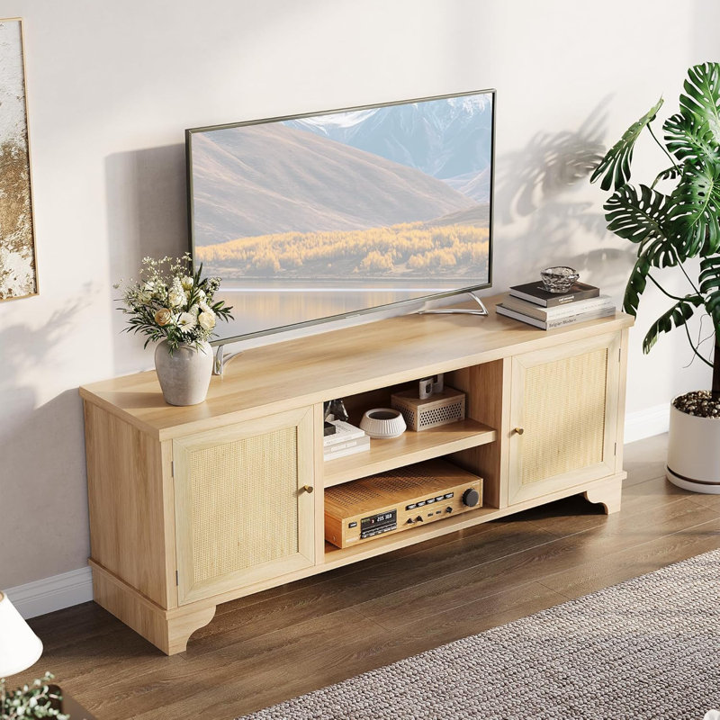 Rattan TV Stand For Living Room, Modern Entertainment Center Or 70 Inch TV, Boho Media TV Console Table With Storage,, ‎Oak