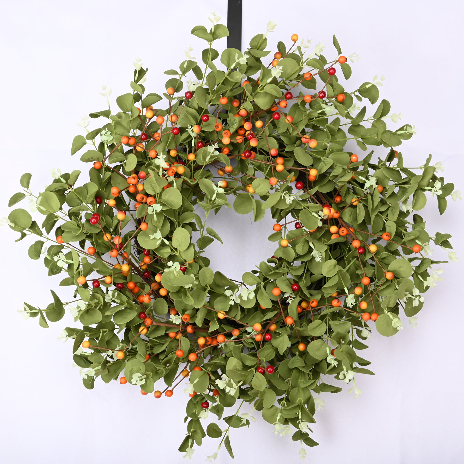 24" Handcrafted Faux Eucalyptus Berry Wreath for Front Door, Orange/Green