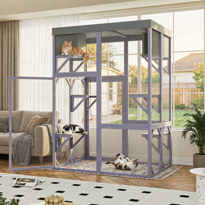 Intérieur et extérieur, grand parc en bois imperméable, parc multifonctionnel pour enclos de chat avec 4 plateformes, 2 cabanes pour la sieste, 2 serrures robustes et coins arrondis, une aire de jeu pour chats pour jouer et se reposer