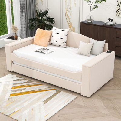 Wood Upholstered Daybed with Integrated Bluetooth Audio System, Storage Armrests and Trundle by Wildon Home