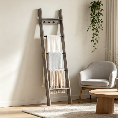 Échelle à couvertures en bois avec crochets, tablette murale peu encombrante pour salon, chambre, balcon, style rustique.