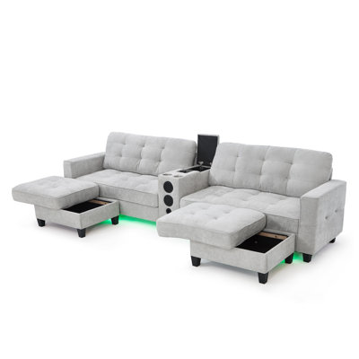 126" Modern Multifunctional Sectional Sofa With Bluetooth Speakers And RGB LED Lighting