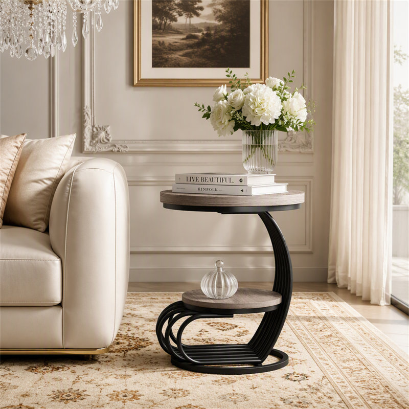 Table de bout ronde, table d'appoint 2 niveaux, Grey / Black, Grey, Black