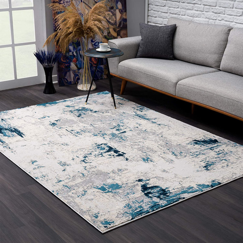 8' Blue Abstract Dhurrie Runner Rug, Rectangle 8' x 11'