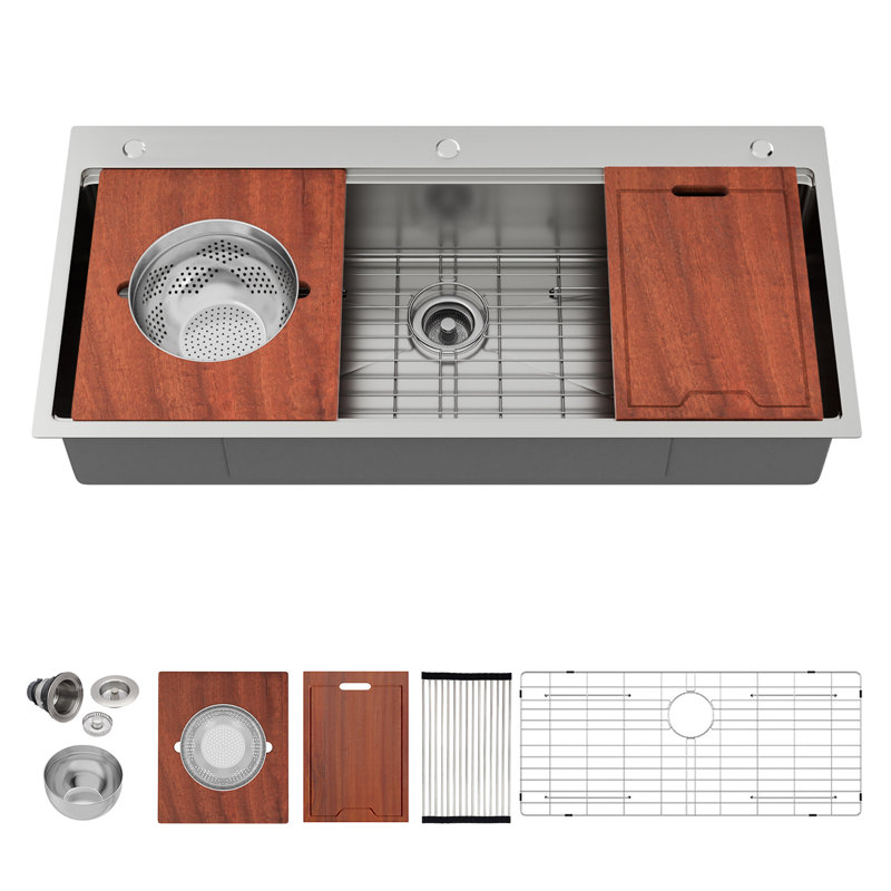 45" Topmount Workstation Kitchen Sink, 16 Gauge T304 Stainless Steel Single Bowl With Accessories