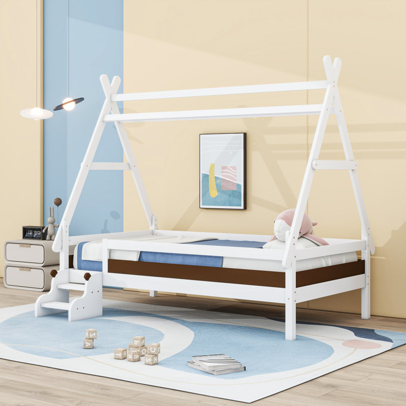 House Platform Bed With Stairs, Twin, White