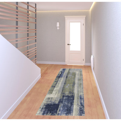 Tapis de couloir bleu, vert et ivoire
