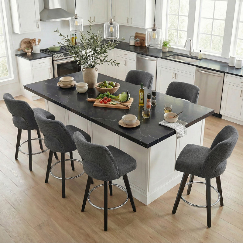 26.4" Swivel Bar Stools Set of 6, Black Solid Wood Legs & Metal Ring Footrest, Silver Footrest - Dark Gray, 6