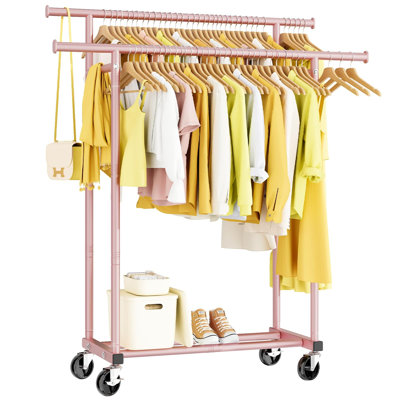 Portable Double‑Rod Rolling Metal Garment Rack, Free‑Standing Clothes Rack