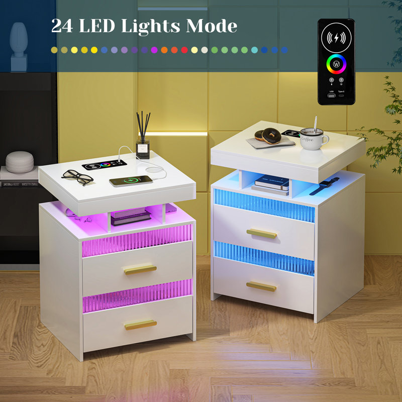 Keimar LED Nightstand with Charging Station, 2 Drawers End Table with Human Sensor 24 Colours Lights, White