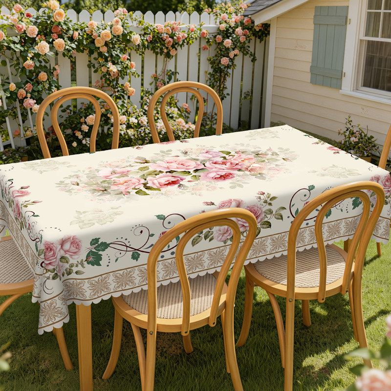 Pink Rose Floral Design Machine-Washable Polyester Tablecloth, 70.8" L x 55.12" W