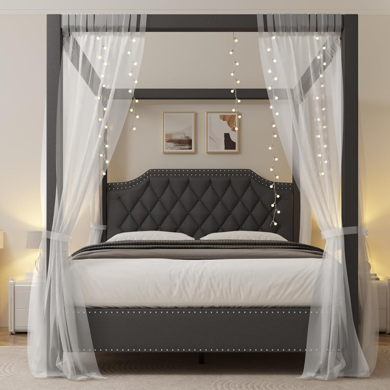 Upholstered Canopy Bed Frame  with headboard, Button Tufted, Nailhead Trim Design, Grey, Queen